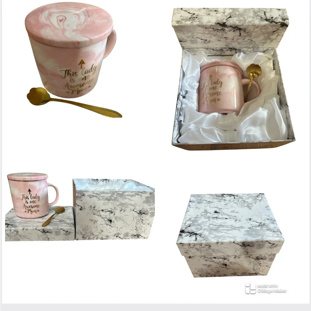 Marble Pink Mom Mug Gift Set with Gold Spoon Coffee Cup & Topper Brand New - Picture 3 of 5